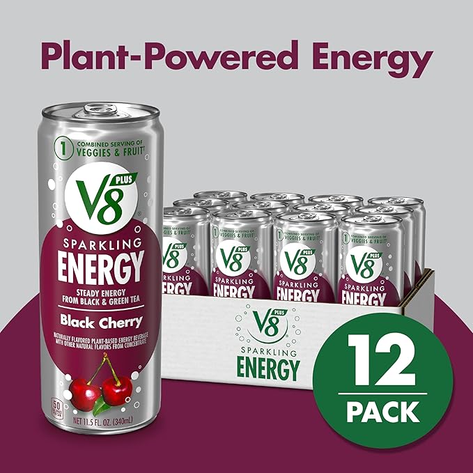 V8 +Energy Sparkling Black Cherry Juice Energy Drink, 11.5 fl oz Can (12 Pack)