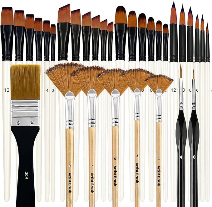 Bougimal 32 Pcs Paint Brush Set, Artist Paint Brushes for Acrylic Painting, Oil, Watercolor, Gouache, with Flat Round Filbert Fan Angle Detail Brush, Suitable for Artists and Beginners(White)