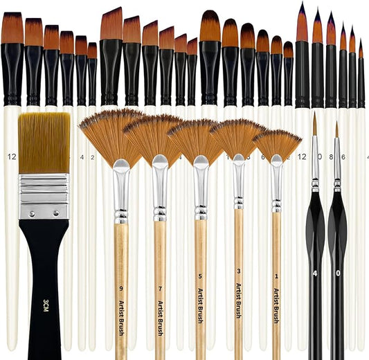 Bougimal 32 Pcs Paint Brush Set, Artist Paint Brushes for Acrylic Painting, Oil, Watercolor, Gouache, with Flat Round Filbert Fan Angle Detail Brush, Suitable for Artists and Beginners(White)