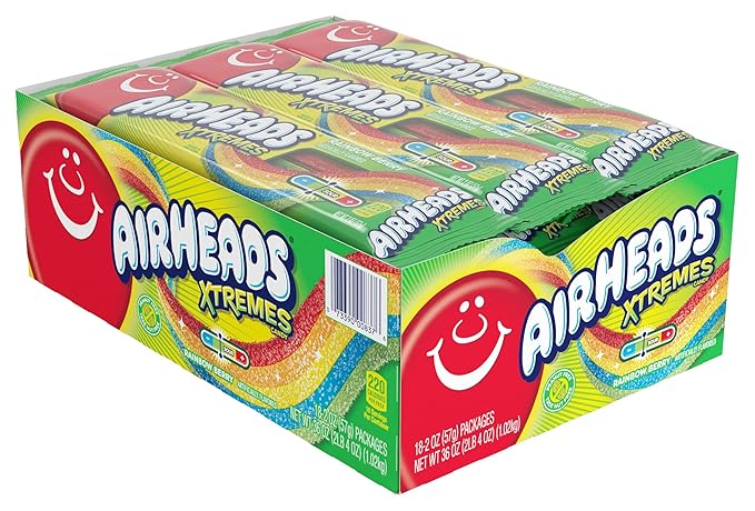 Airheads Xtremes Belts, Halloween Trick or Treat Sweetly Sour Candy, Rainbow Berry, Individually Wrapped Bulk Candy for Adults & Kids, Non-Melting, Party Bag, 2 oz (Pack of 18)