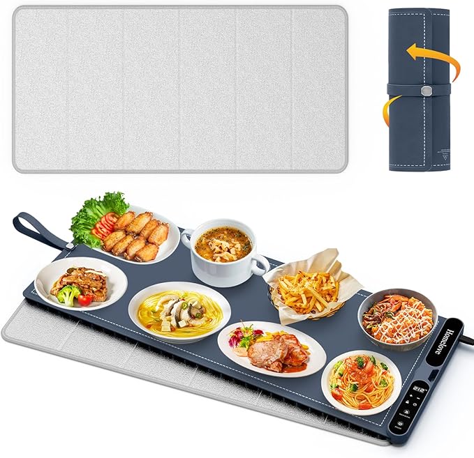 Homelove Food Warming Mat for Parties Buffet - Full Surface Fast Heating Electric Warming Tray with 7 Temp-Settings & 8H Timer, Portable Roll Up Food Warmer with Heat Insulation Pad XXL-Navy