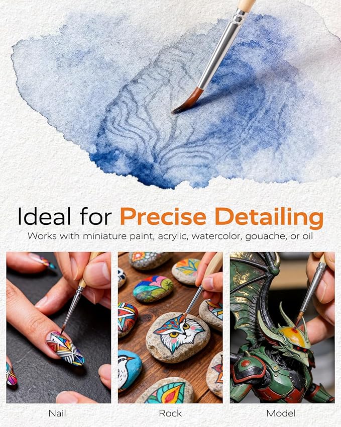 JUSART Detail Paint Brushes Set, 12 PCS Fine Tip Model Miniature Paint Brushes for Fine Detailing - Acrylic, Watercolor, Oil, Models, Rock Painting & Paint by Number - Triangular Handles (Wood)