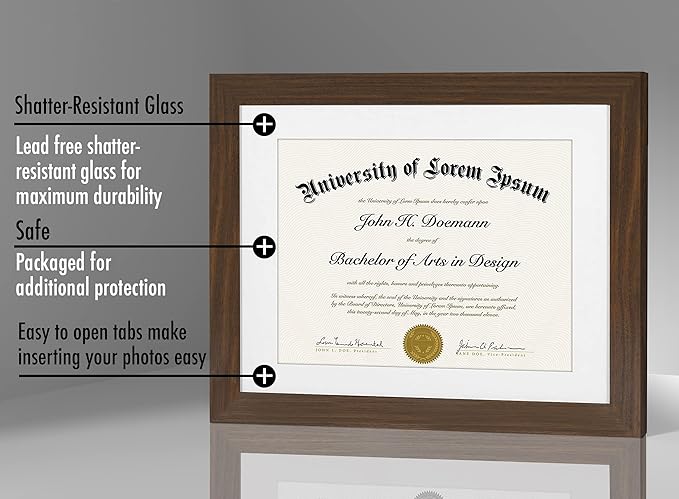 Americanflat 11x14 Walnut Diploma Frame | Certificate Frame Displays 8.5x11 Diplomas with Mat or 11x14 Inch Without Mat. Shatter-Resistant Glass. Hanging Hardware Included
