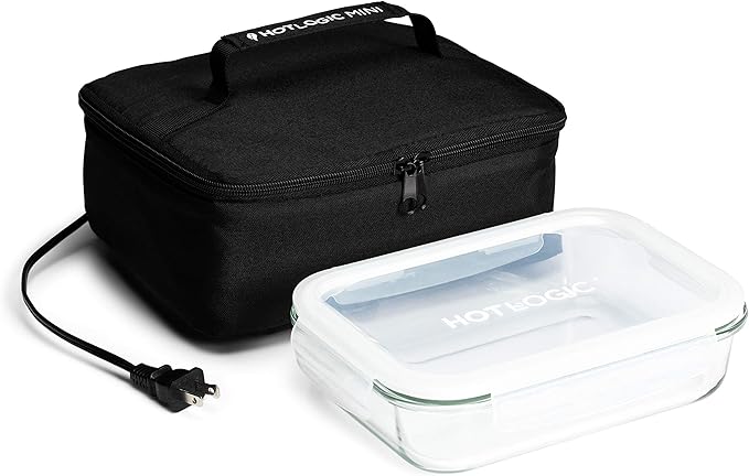 HOTLOGIC Mini Portable Electric Lunch Box Food Heater with Glass Container - Food Warmer and Heated Lunch Box for Adults Car/Home - Cook, Reheat, and Keep Your Food Warm - BLACK - 120V