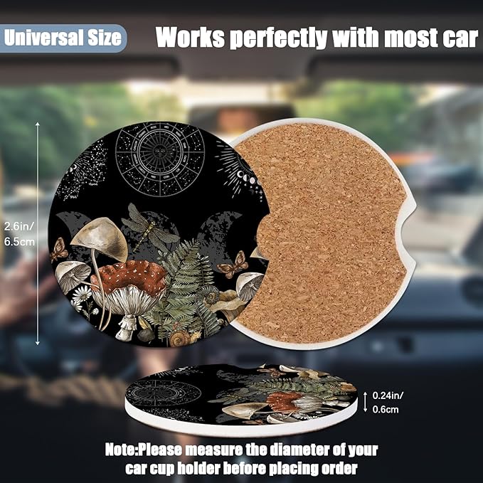 Magic Forest Mushroom Car Cup Holder Coaster - Moon Phase Absorbent Ceramic Coaster, Car Coasters for Cup Holders, Auto Accessories for Women & Men, Pack of 2