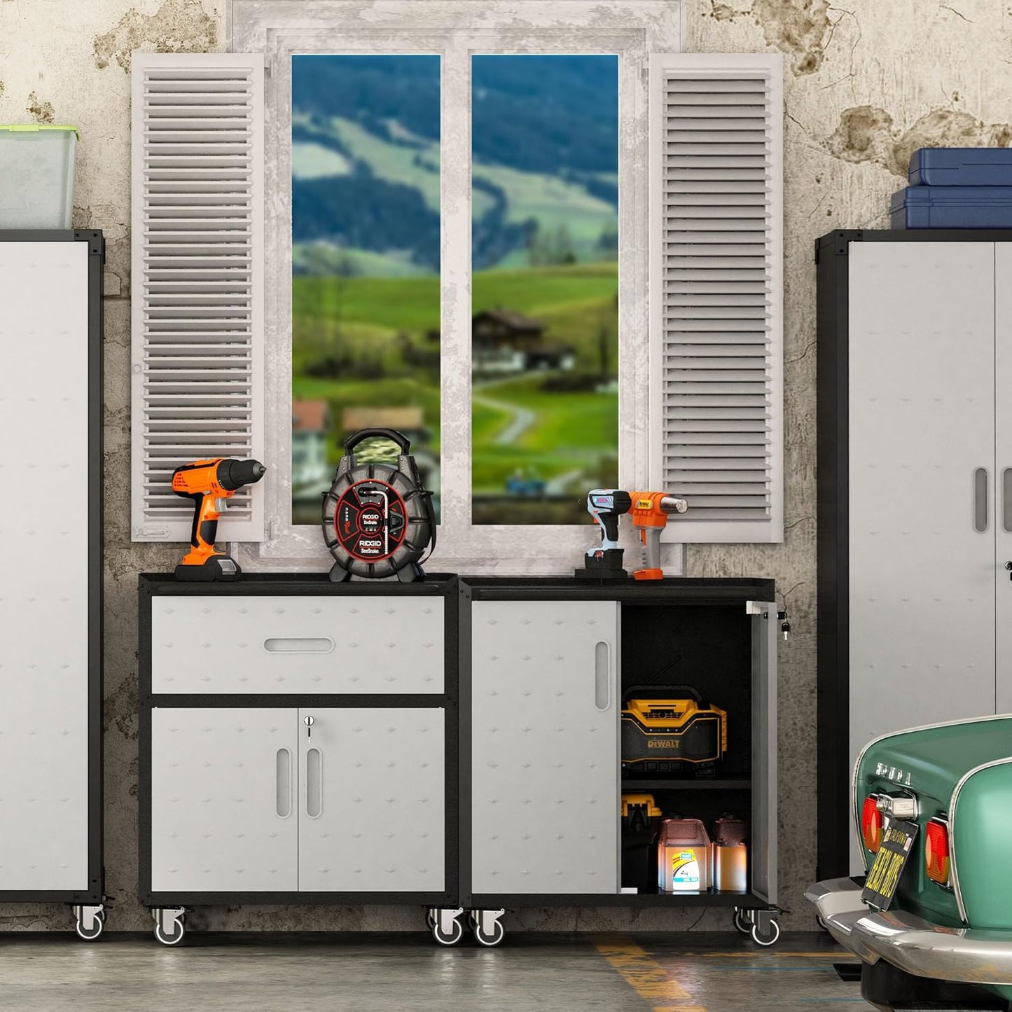 Metal Tool Cabinet,Garage Storage Cabinet System,Wall Cabinet & Locking Rolling Tool Cabinet with Doors and Adjustable Shelves,Steel Tool Cabinets for Home,Office (2 Pcs-StyleB, Black & Grey)