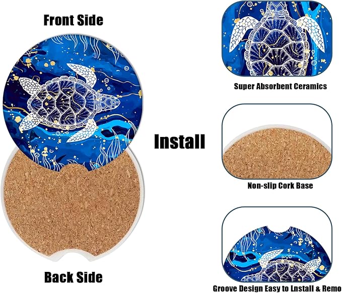 Sea Turtle Car Cup Holder Coaster - Blue Marble Absorbent Ceramic Coaster, Car Coasters for Cup Holders, Auto Accessories for Women & Men, Pack of 2