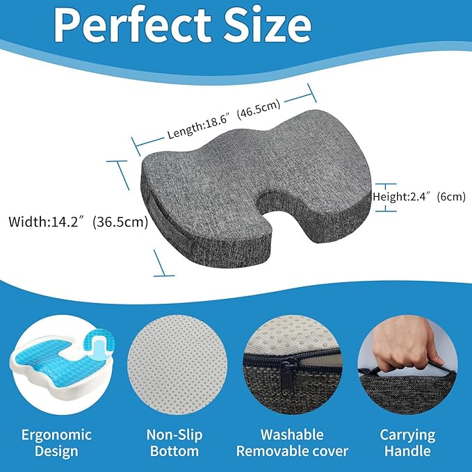 Gel Memory Foam Seat Cushion for Long Sitting, Cooling Breathable Enhanced - Back, Sciatica, Coccyx, Tailbone Pain Relief - for Office Chairs, Car Seat, Wheelchair Sitting (Blue)