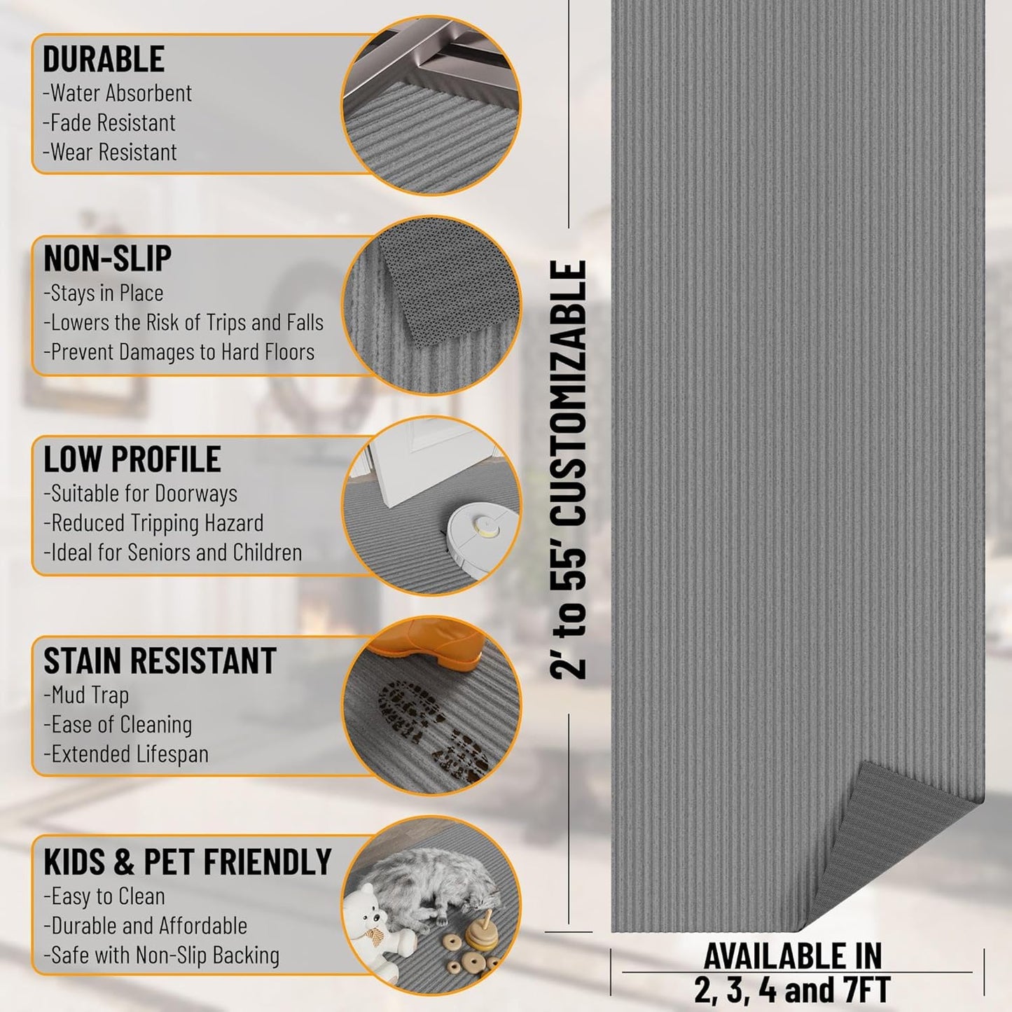 Ottomanson 2'7" x 37' Hallway Runner with Scraper Pile - Extra Durable Non-Slip Rug Mat for Indoor & Outdoor Use - Ideal for Kitchen, Entryway & Garage - High-Traffic Carpet, Gray