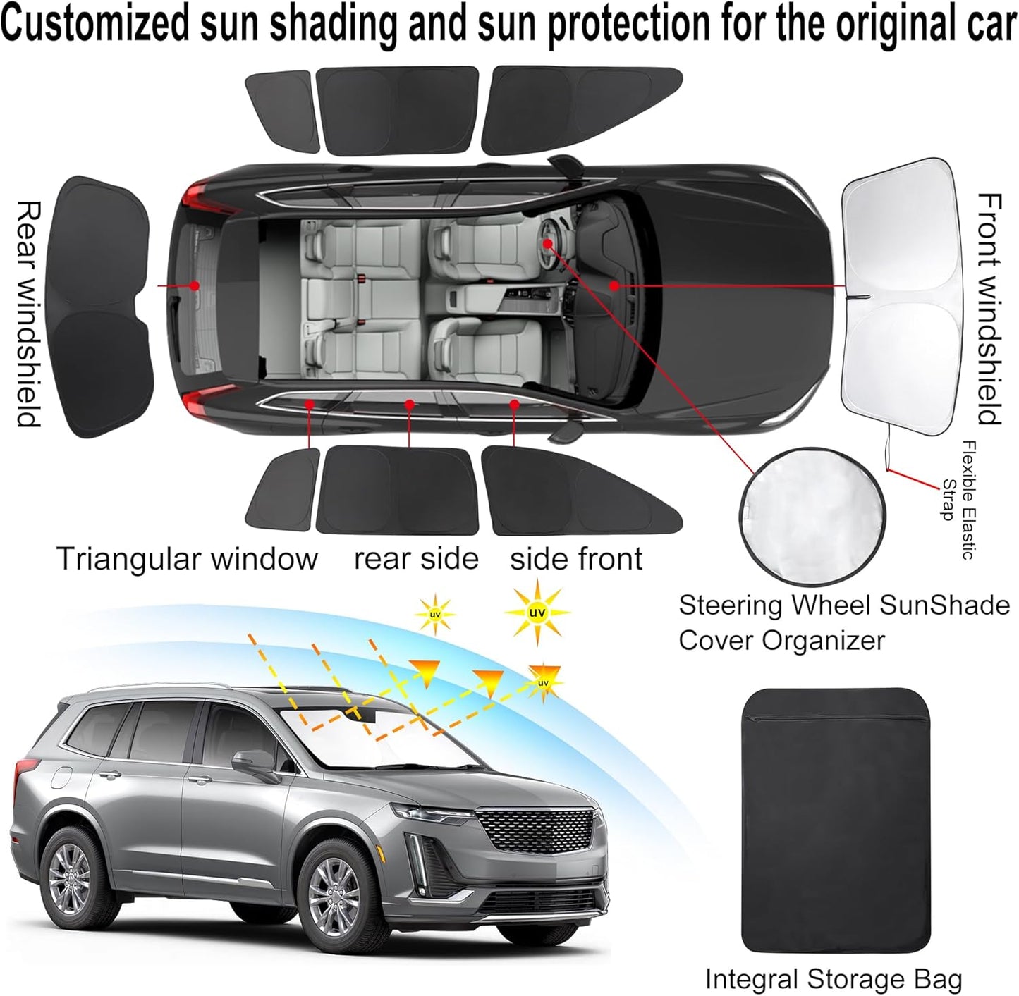 TINGLU Window Shades for Cadillac XT6 2020-2025 Accessories Side Full Windows Windshield Sun Shade Sun UV Rays & Privacy Protection for Camping,Napping,and Relaxing 8PCS