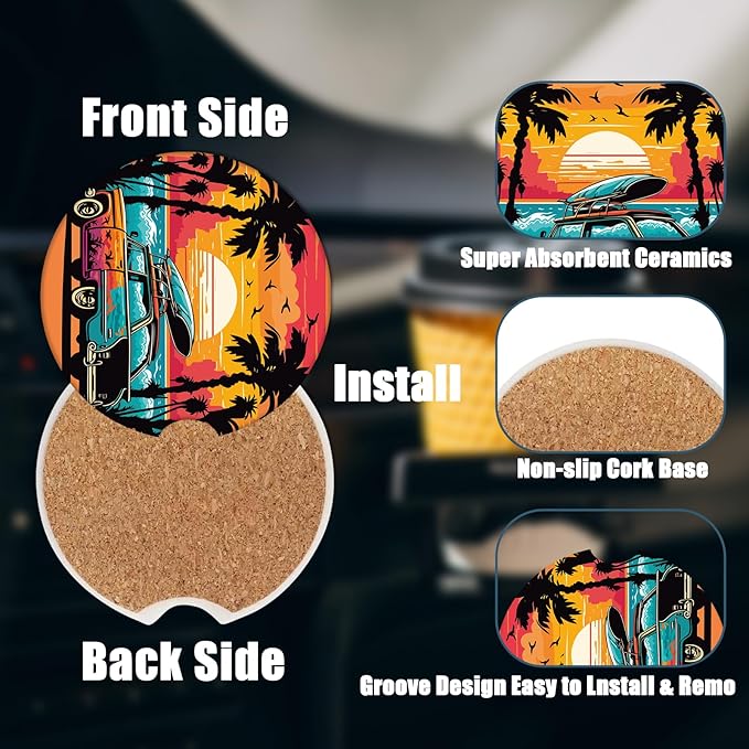 Car Cup Holder Coaster - Sunset Palm Tree Scenery Travel Absorbent Ceramic Coaster, Travel Drink Cup Holder Coasters, Auto Interior Accessories, Drink Cup Holder Coasters for Women & Men Pack of 2