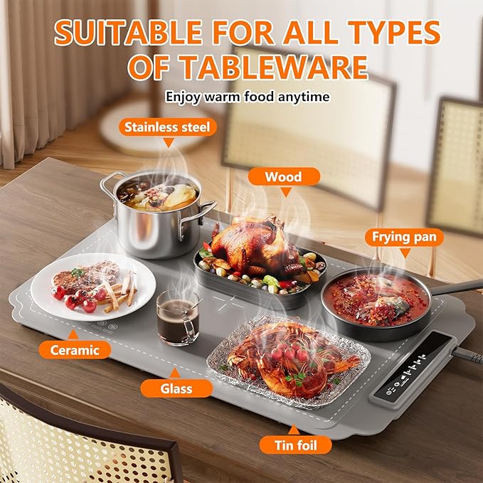 Warming Mat for Food, Electric Warming Tray, Fast Full Surface Graphene Electric Warming Tray, Extra Large Roll Up Silicone Food Warming Mat, Perfect for Gatherings, Parties &Everyday Use (Gray)
