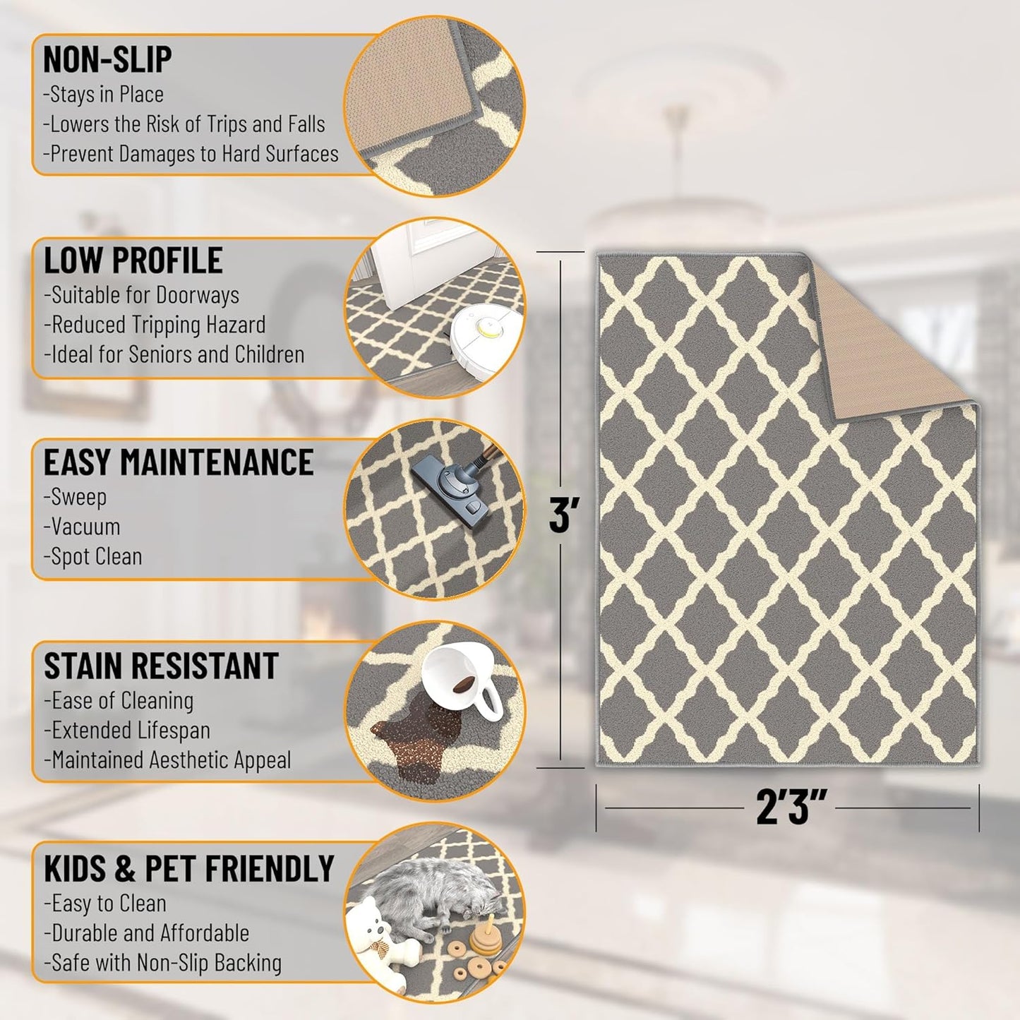 Ottomanson Rugs for Entryway 2'3" x 3' Non Slip Trellis Small Area Rugs Durable Front Door Mat Rug Stain Resistant Entrance Rugs for Bathroom Kitchen Bedroom & Living Room, Gray