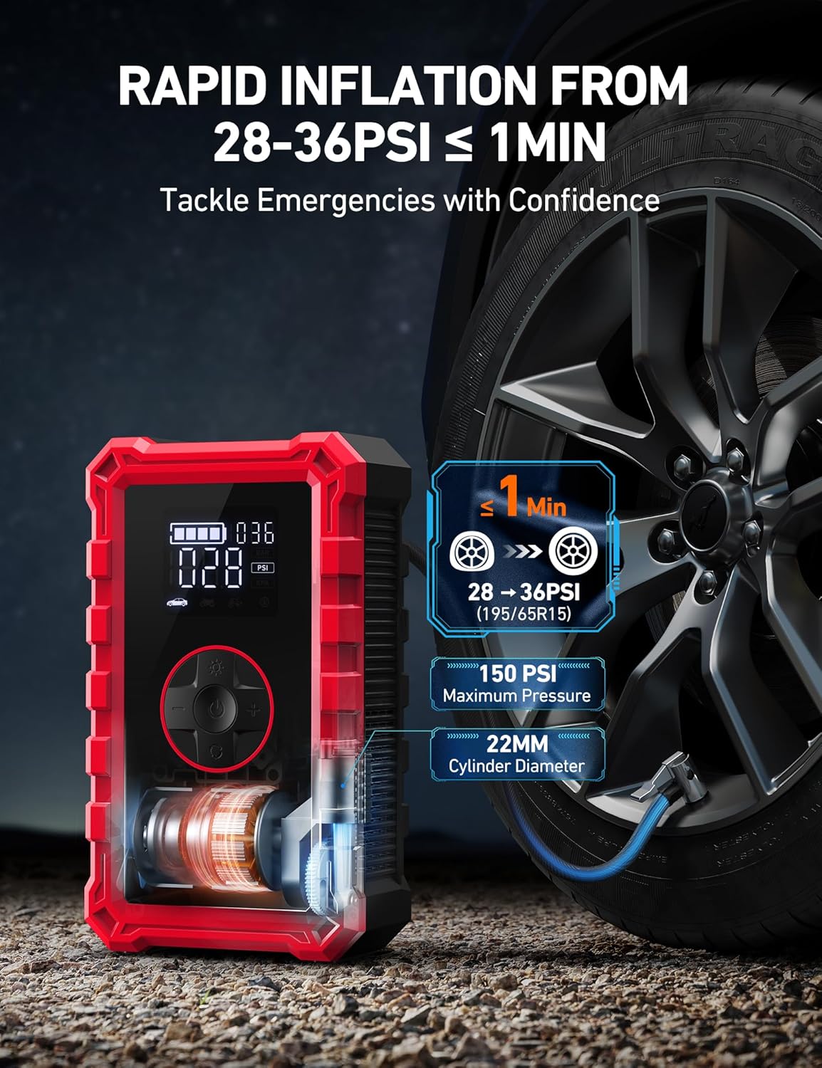 AstroAI S8 Air Jump Starter with Air Compressor, 1500A Peak Car Battery Jump Starter Portable (6.0 Gas/3.0L Diesel) with 150PSI Cordless Auto-Shutoff Tire Inflator, 12V Battery Charger Booster(Red)