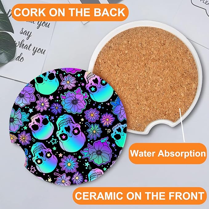 Skulls and Flowers Car Cup Holder Coaster, Car Coasters for Cup Holder, 2 Pack Bright Human Skulls Anti-Slip Absorbent Ceramic Car Cup Coasters for Women Men with Finger Notch Cork Base 2.56"