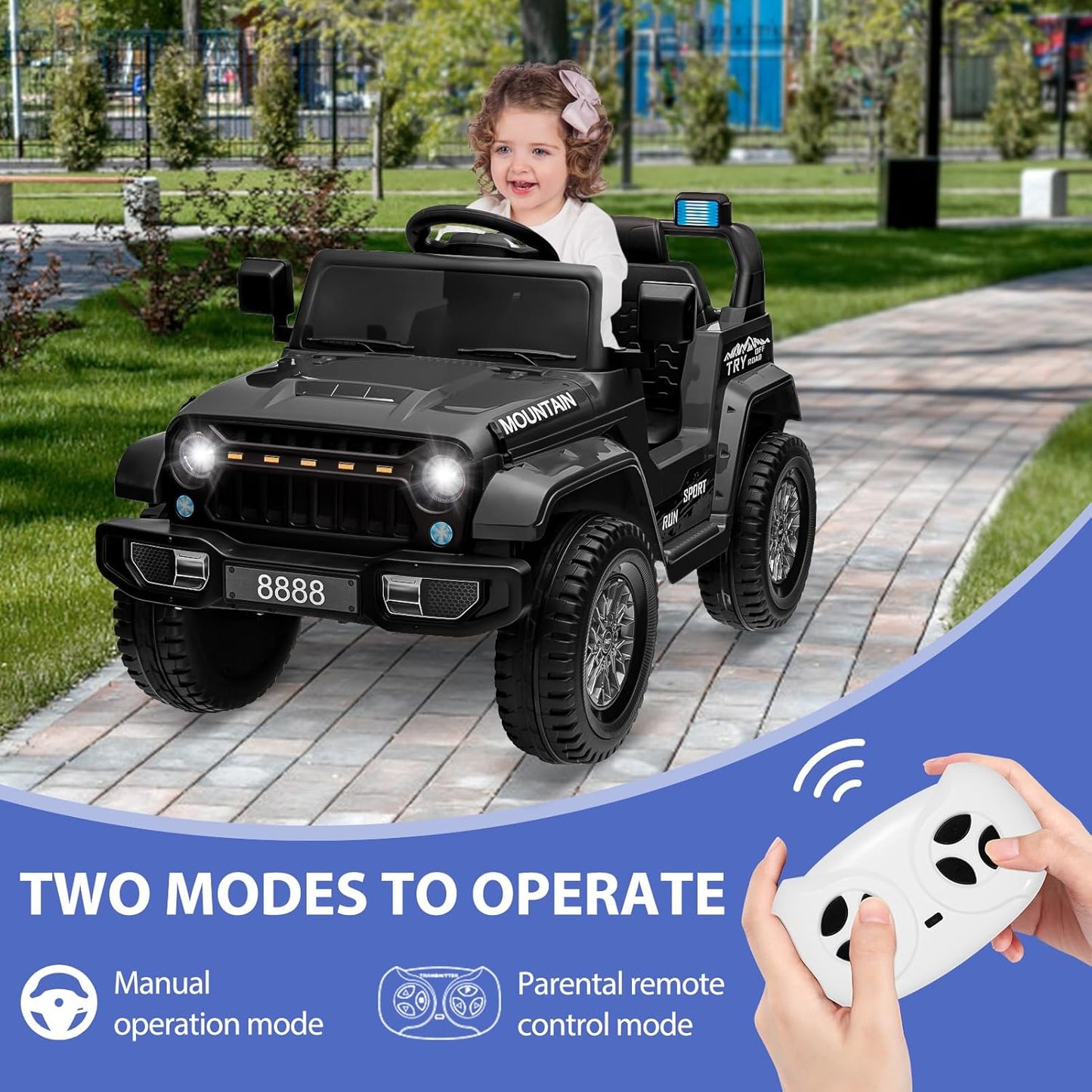 12V Kids Ride On Truck Car, Battery Powered Electric Vehicles with Remote Control, Spring Suspensions, 3 Speeds, LED Lights, Music, MP3, Ride On Toy Car for Children Toddles Boys Girls, Black