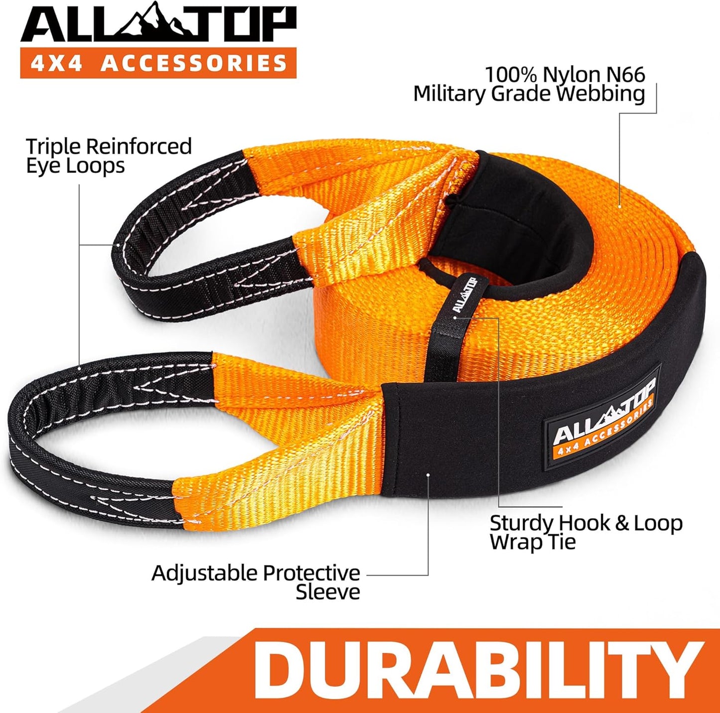 ALL-TOP Recovery Snatch Strap, 4in x 30ft - 46500Lbs, Extreme Duty 100% Nylon Kinetic Towing Recovery Strap with 22% Elongation & Reinforced Loops