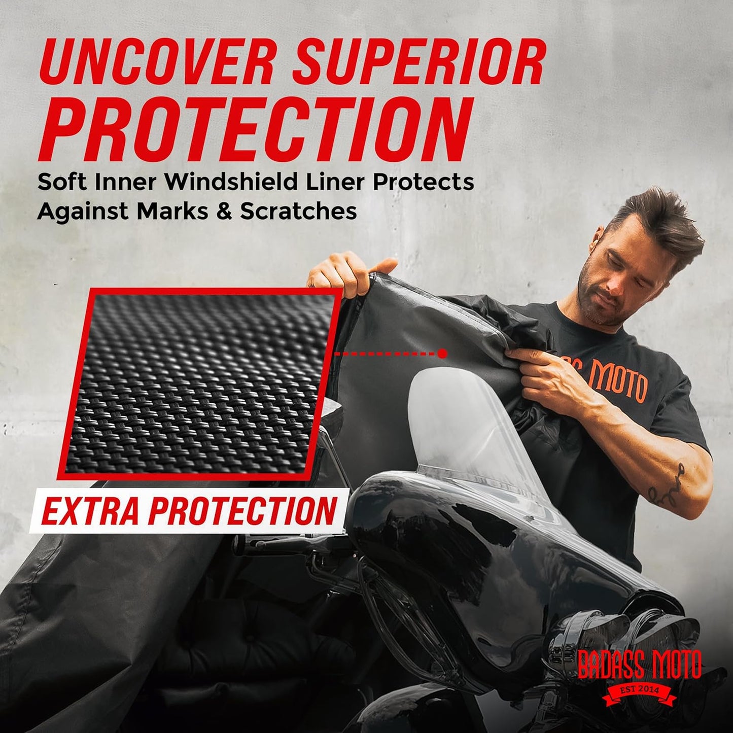 Badass Moto - Extra Large Motorcycle Cover Waterproof Outdoor, Heavy Duty, for Harley Davidson, Night Reflective (108” Full Dressers,Tourers) X-Large