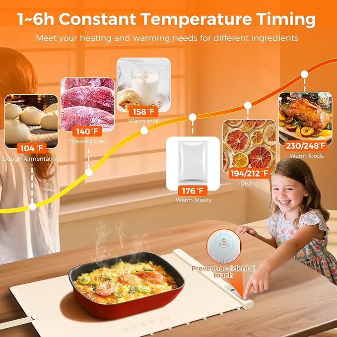 Warming Mat for Food | Max Temp 248℉,Electric Warming Tray with Timer and 8-Level Adjustable,Fast Full-Surface Food Heating Mat with Child Lock,Roll-Up & Portable Silicone Food Warmer for Buffet Party