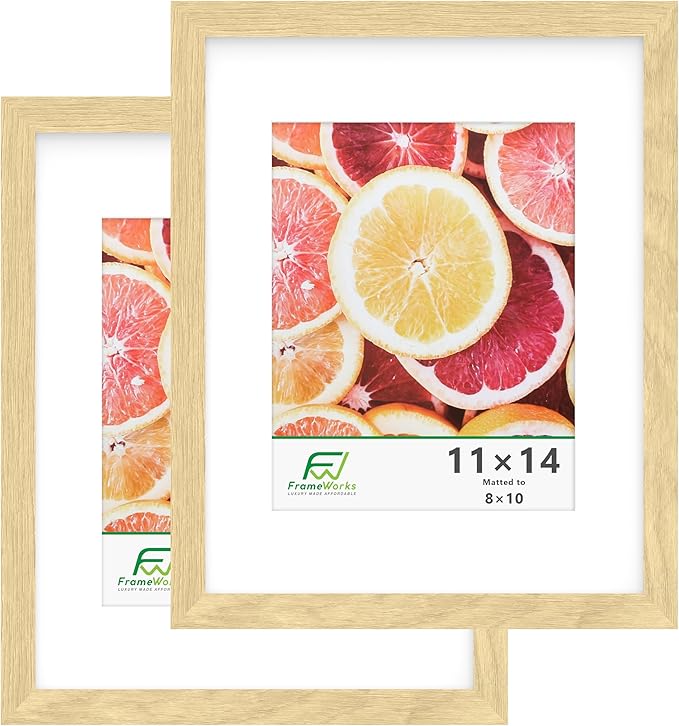 FrameWorks 2-Pack, 11x14 Matted to 8x10 Picture Frame, Natural Oak – Classic Wooden Photo Frame with Tempered Glass, Modern Matte Finish for Prints, Posters, Certificates & Wall Decor – Gallery-Ready