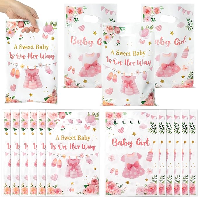 50Pcs Pink Floral Baby Shower Party Favor Bags, A Sweet Baby is on Her Way Goody Treat Bags, It's a Girl Pink Plastic Candy Gift Pack Party Supplies Decoration