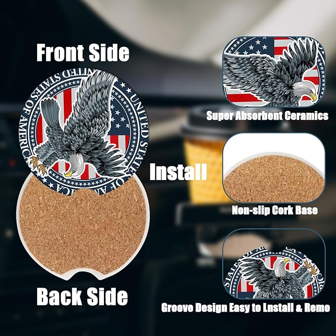 Car Cup Holder Coaster - Vintage USA Flag Eagle Absorbent Ceramic Coaster 2 Pack, Car Coasters for Cup Holders, Fashion Car Interior Accessories Drink Coaster for Women & Men