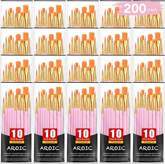 Acrylic Paint Brush Set, (20 Packs /200 pcs) Nylon Hair Brushes for Oil and Watercolor, Perfect Suit of Art Painting, Best Present for Painting, Pink