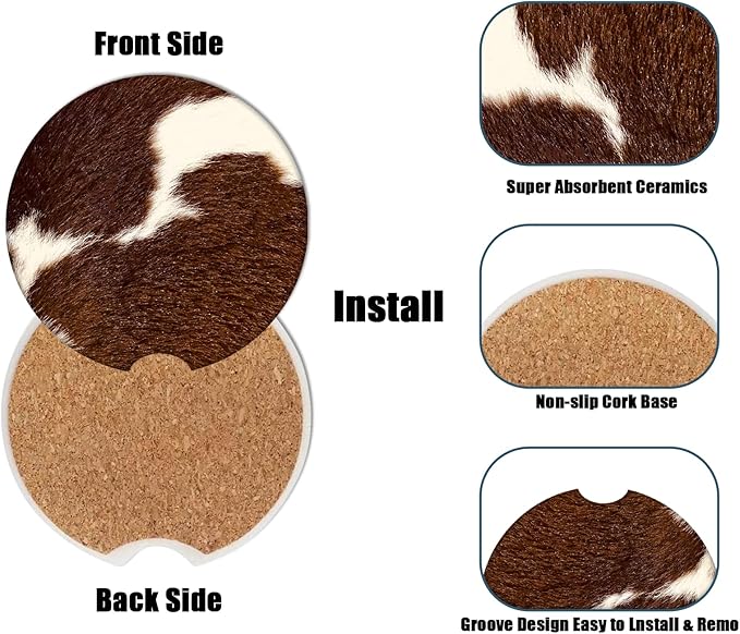 Car Cup Holder Coaster -Cow Hide Brown Absorbent Ceramic Coaster, Car Coasters for Cup Holders, Auto Accessories for Women & Men, Pack of 2