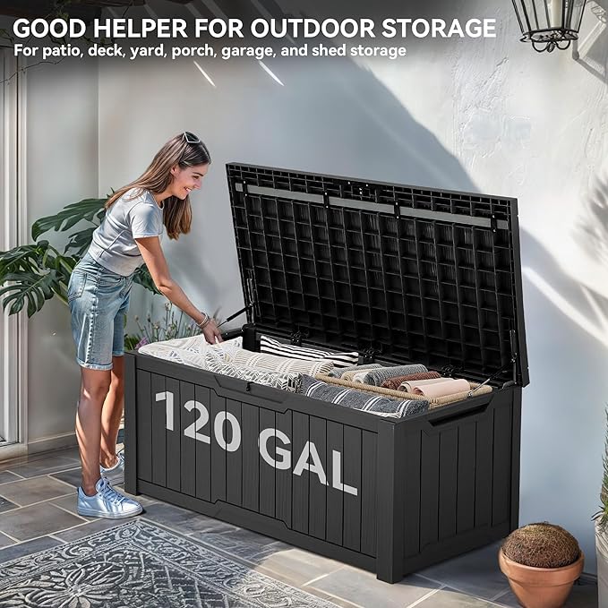 YITAHOME Outdoor Storage Box, 120 Gallon Waterproof Deck Box for Garden Tools, Patio Cushions, and Pool Accessories, Lockable, Easy Assembly, Versatile Bench or Table (Dark Gray)