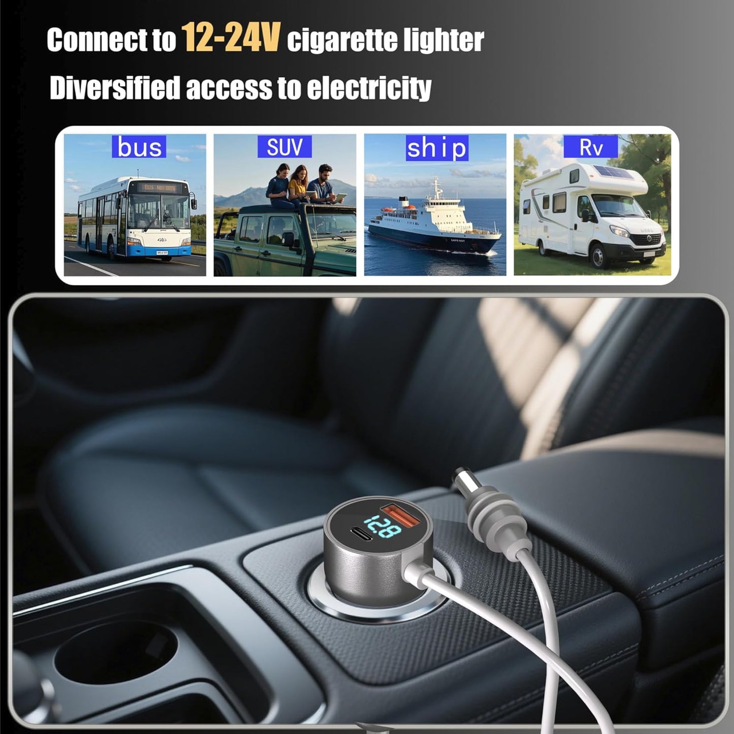 Starlink Mini 12v Power Cord，10FT/3M Starlink Mini Power Cord with car Charger，Cigarette Lighter displays Voltage，Suitable for DC12-24V Trucks, Buses, Boats, Waterproof DC Plugs