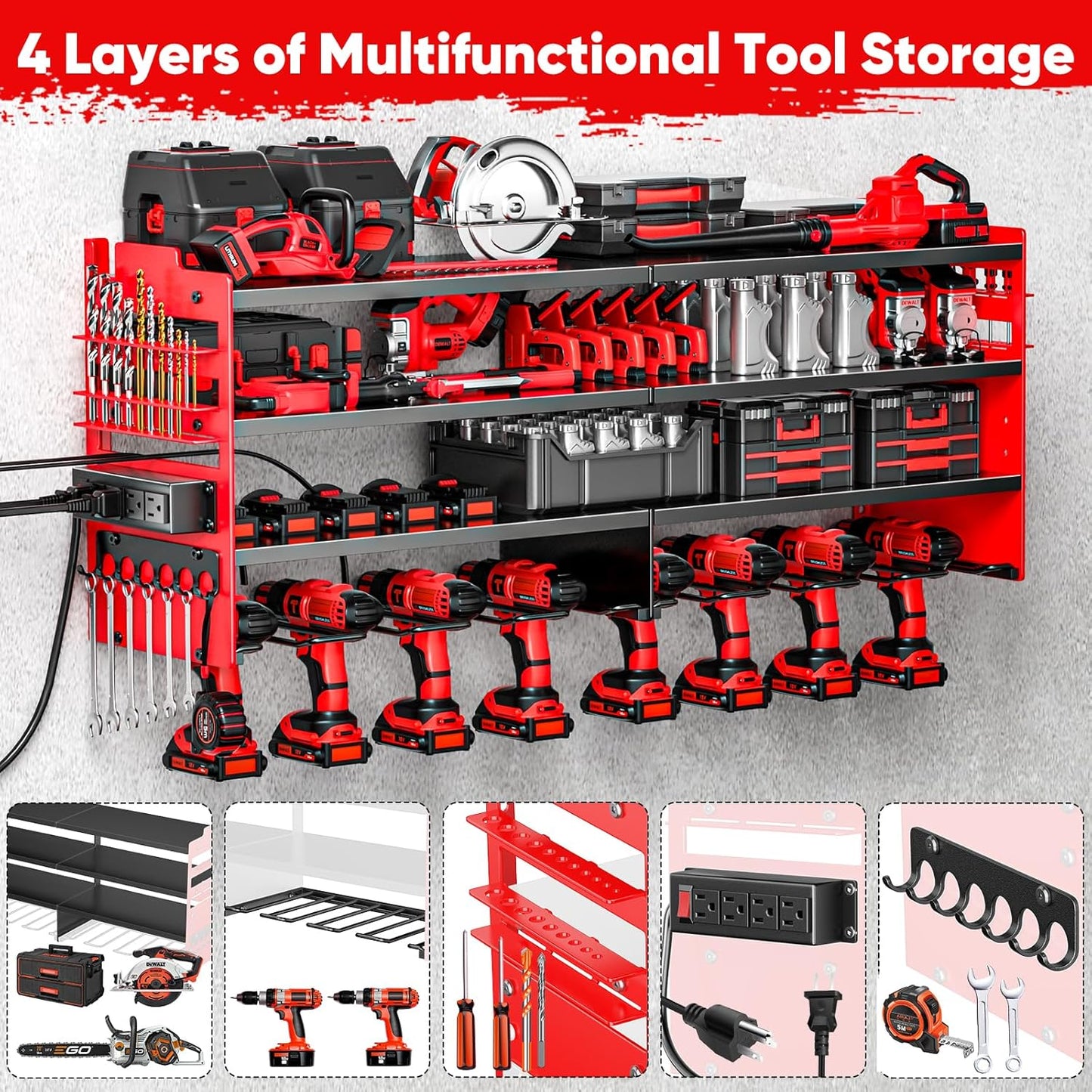 Large Power Tool Organizer Wall Mount with Charging Station,4 Layer Heavy Duty Metal Tool Storage Shelf Loads 600lbs,Battery Utility Rack With 4 Outlet Power Strip with 8 Cordless Drill Holder