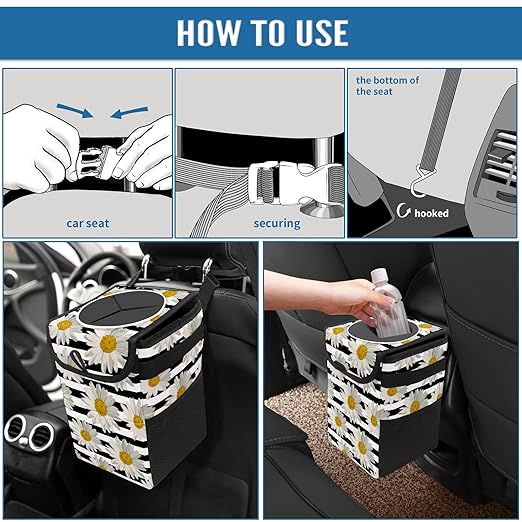 White Black Striped Daisy Car Trash Can With Lid - Collapsible Reusable Waterproof Garage Bag, Automotive Garbage Can, Accessories Interior Organizer