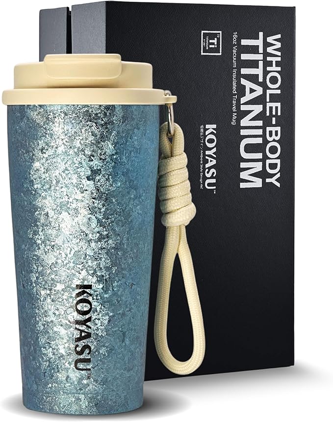 KOYASU 16oz Whole-Body Titanium Travel Mug – Double-Wall Insulated Cup, Leak-Proof Lid, Lightweight & Reusable, BPA-Free Tumbler, Wide Mouth, Durable, Hot 6H/Cold 24H, for Commute or Camping (Blue)