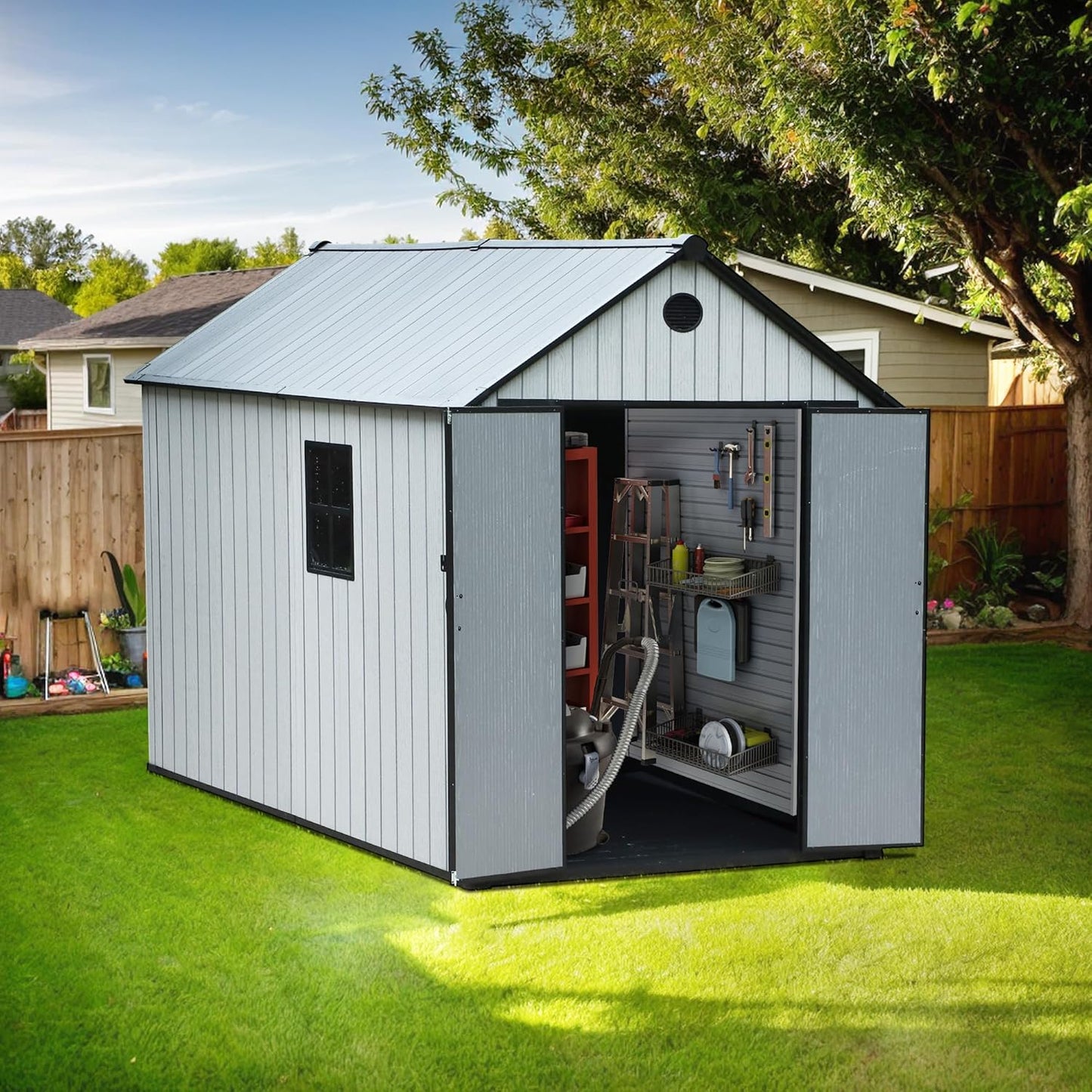 9×7 FT Outdoor Storage Shed, Large Backyard Sheds with Door, All-Weather Plastic Shed with Window, Vents, for Backyard, Patio, Lawn (9×7 FT)
