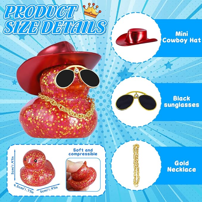 BOZILY Glitter Rubber Ducks Red Rubber Duck with Red Denim Cowboy Hat & Diamond Glasses - Stress Relieving Duck Car Accessories for Dashboard, Office, Home Decor - Unique Gifts for Adults