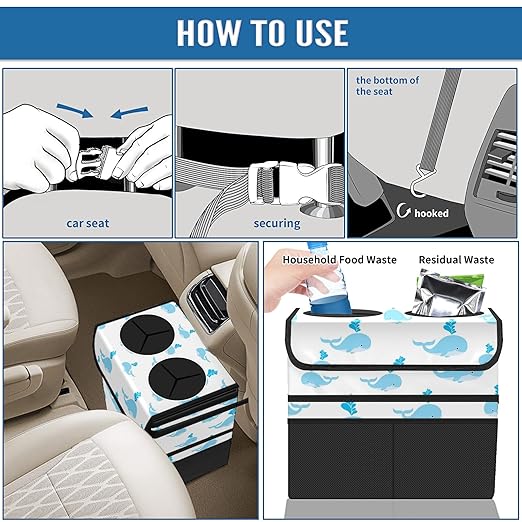 Car Trash Can White Blue Whale Fish Large Storage Garbage Can with Lid Hanging for Back Seat Leakproof Automotive Vehicle Trash Bin