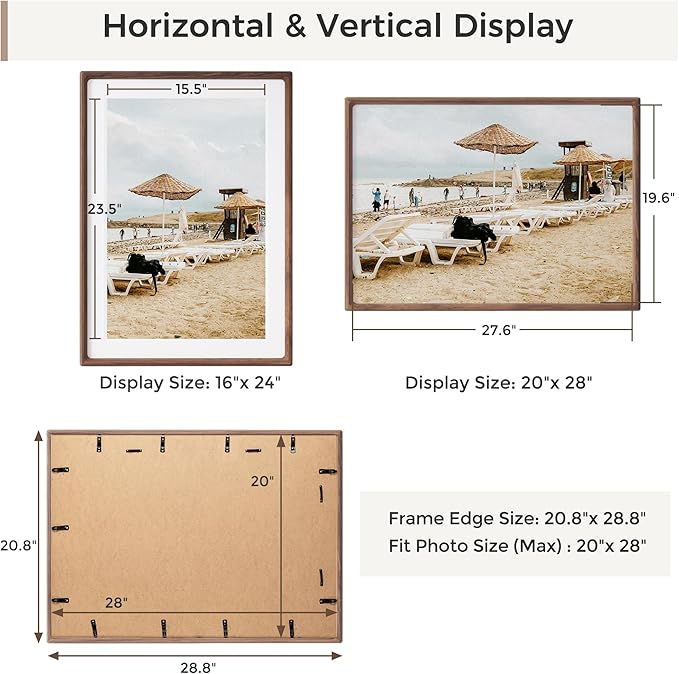 Heimlove 20x28 Picture Frames Natural Walnut,Original Wood Hand Make Crafted Poster Frame with Mat to 16x24 Graduation Picture Display,Family Picture,Wedding Picture,Photo,Document Wall Decoration