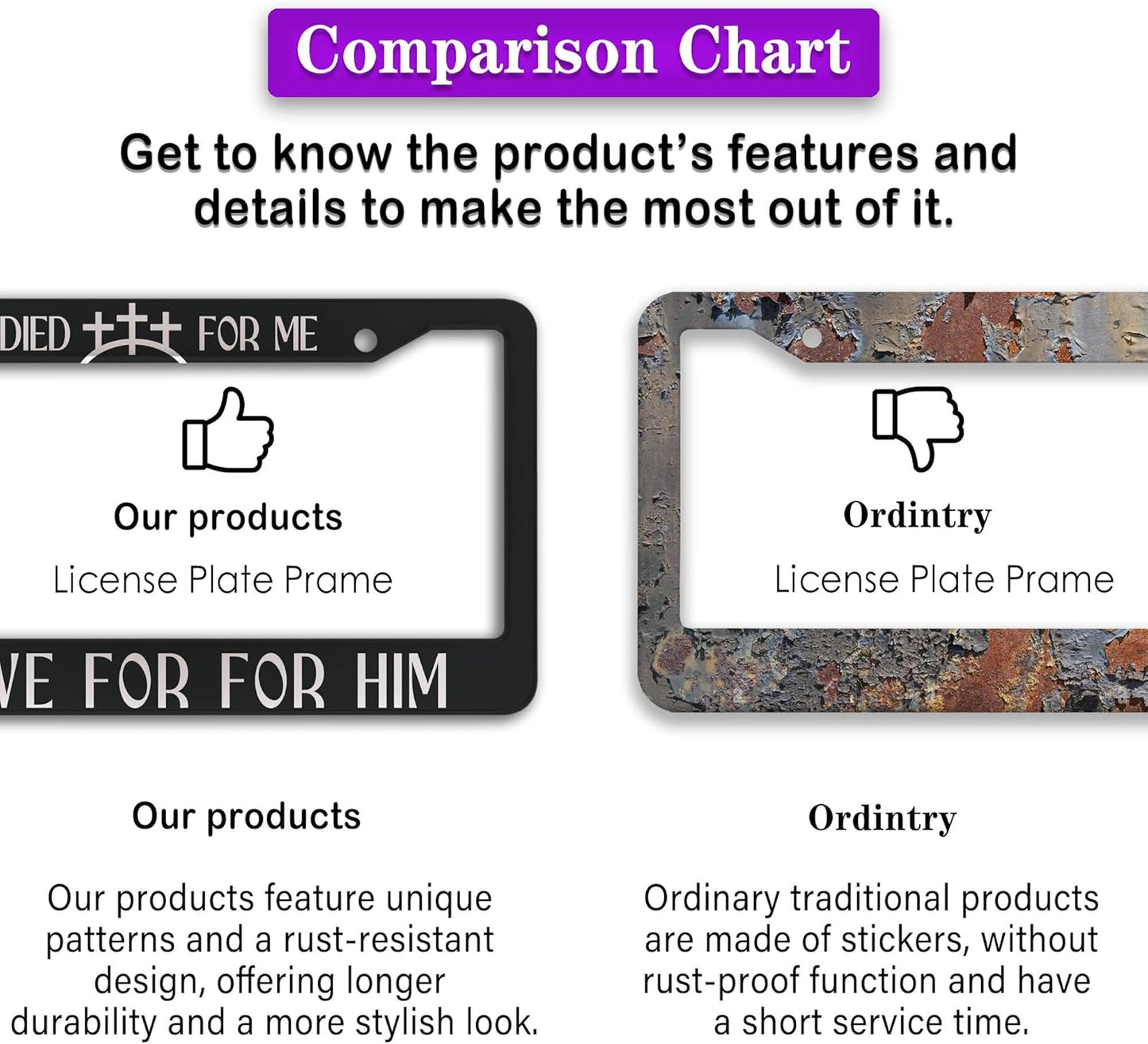 Fun License Plate Frame Cover Black and White License Plate Frames He Died for Me I’ll Live for Him Aluminum Metal Car Accessory 2 Pack with Screw Covers Set