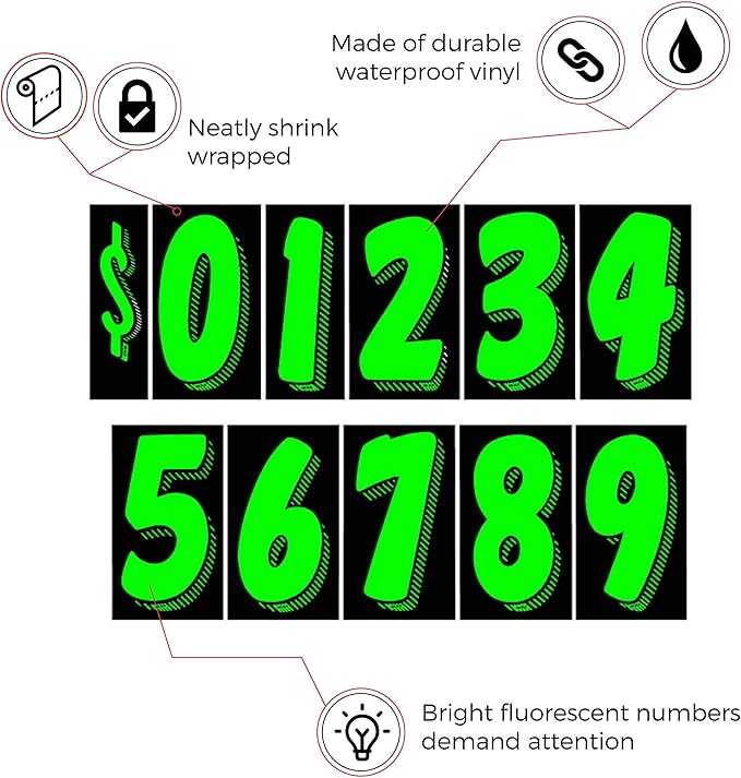 EZ Line Vinyl Decals for Cars Chartreuse Large Number Stickers 11 Dozen Windshield Numbers Pro Pack Dealer Supplies