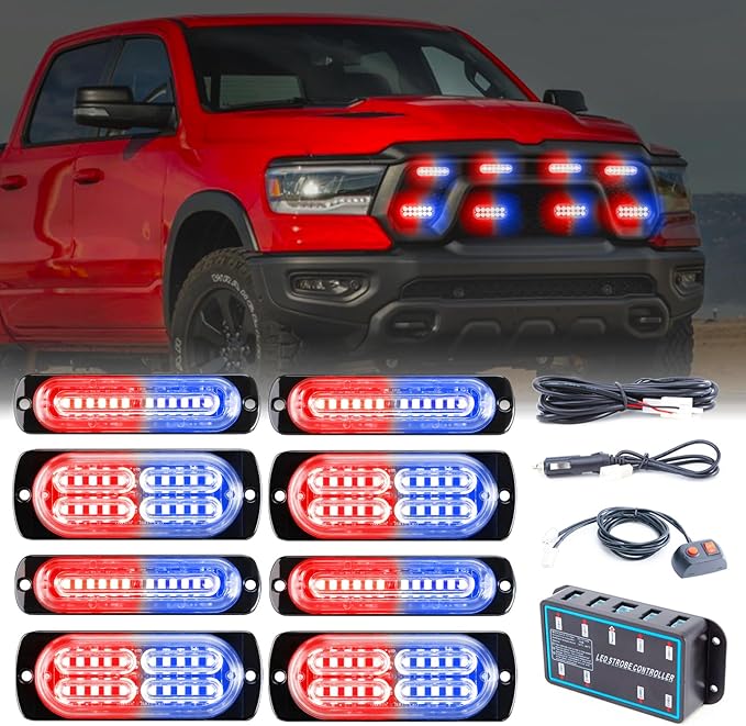 8pcs Sync Feature Emergency Strobe Grille Lights LED Ultra Slim Surface Mount Flashing Hazard Warning Light Bar with Controller for Firefighter/Construction/Trucks/Vehicles/Car (Ren/Blue)