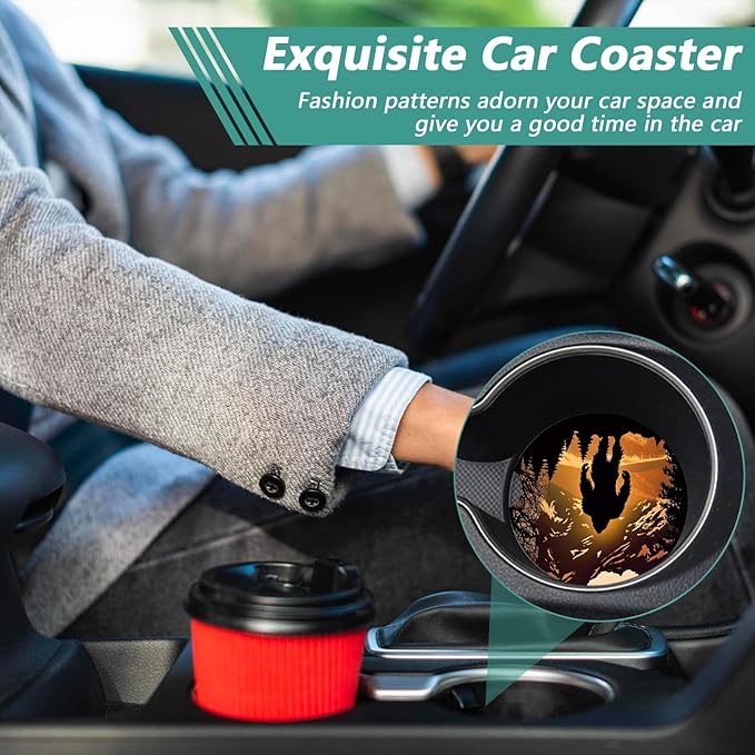 2 Pack Car Cup Holder Coasters - Bigfoot Mountains Forest Moon Absorbent Ceramic Coaster, Car Coasters for Cup Holders, Car Interior Accessories for Women Men