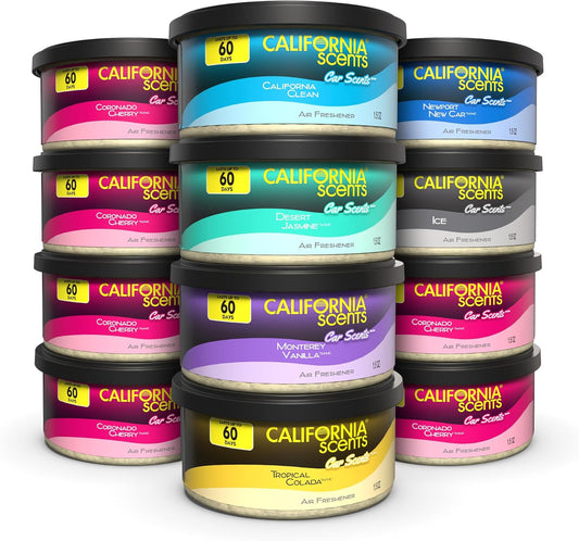 Can Air Freshener and Odor Neutralizer by California Scents, Set of 12 Spillproof Cans for Home and Car, Assorted Scents, 1.5 Oz Each