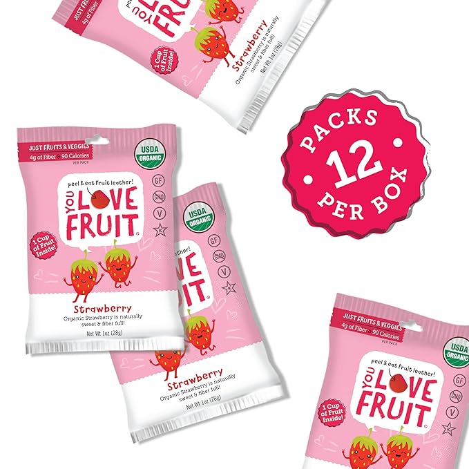 YOU LOVE FRUIT - STRAWBERRY All Natural Fruit Snacks, Healthy Snack Pack, Real Fruit! Gluten Free, Non GMO, Vegan, Fiber packed, Low Fat, Kosher, Variety Pack, Great For Adding To Gift Box, 1.0 oz (Pack of 12)