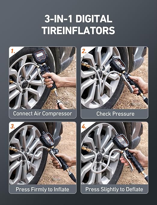 AstroAI Digital Tire Pressure Gauge, Heavy Duty Tire Inflator Gauge 250PSI Air Chuck Compressor Accessories with Stainless Braided Hose, Rotatable Dial&Quick Connect Coupler for Truck/RV/SUV