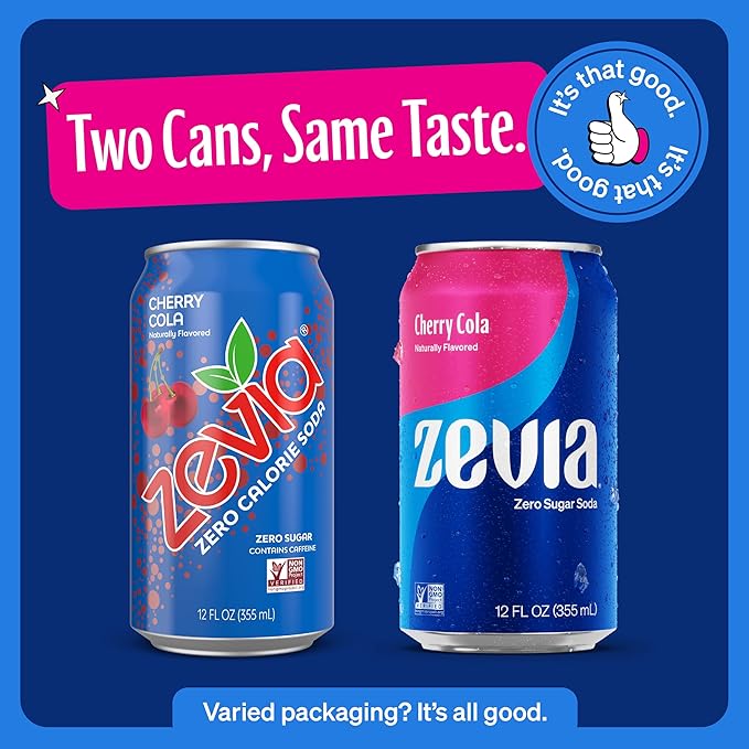Zevia Zero Sugar Soda, Cherry Cola, 12 oz Cans (24-Pack) – Naturally Sweetened, Non-GMO Project Verified, Gluten-Free, Vegan