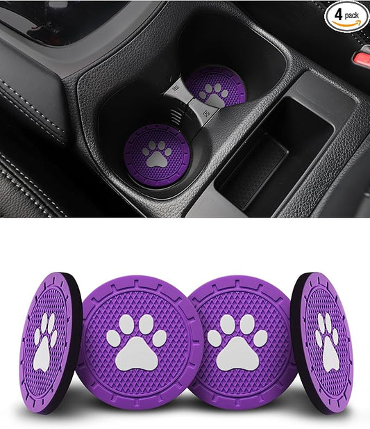 4 Pack Car Cup Coasters, Universal Dog Paw Print Non-Slip Silicone Cup Holder Inserts, Car Interior Accessories, Purple
