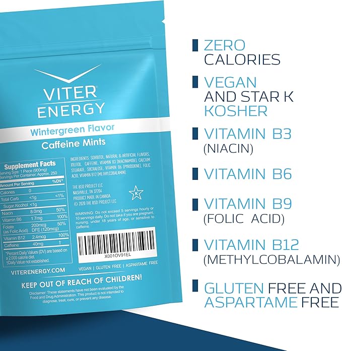 Viter Energy 40mg Caffeine Mints - Sugar Free, B Vitamins, Vegan, Boosts Fast Energized Alert Focus, Caffeinated Nootropic Supplement Pills (Wintergreen Flavor, 8oz, Bulk Bag)