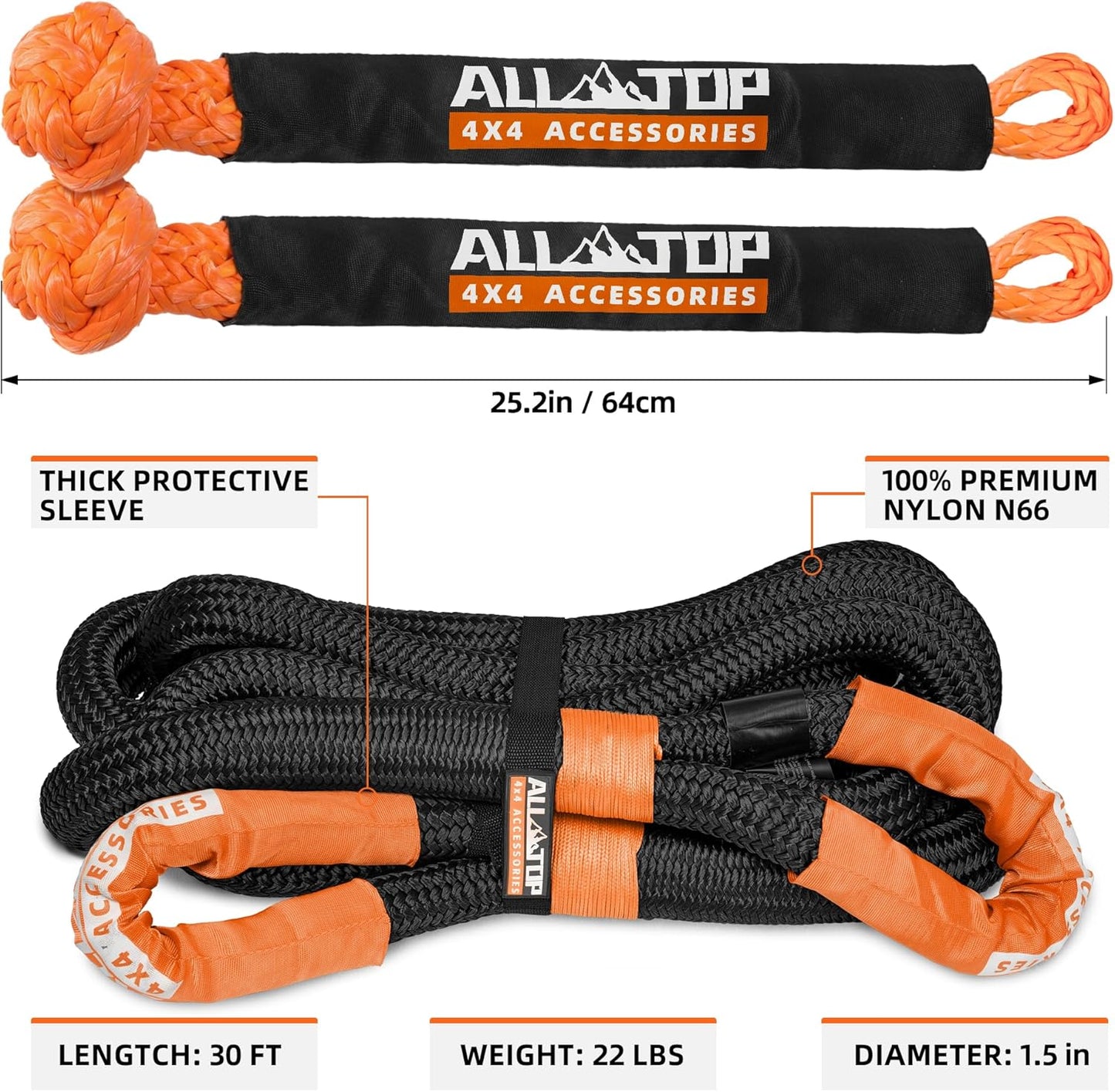 ALL-TOP Kinetic Recovery Rope Kit w/ 2 Soft Shackles, 83000Lbs, 1.5in x 30ft, Heavy Duty 30+% Elasticity, 27600Lbs Work Load Limit for 4x4 Offroad Vehicle(Black)