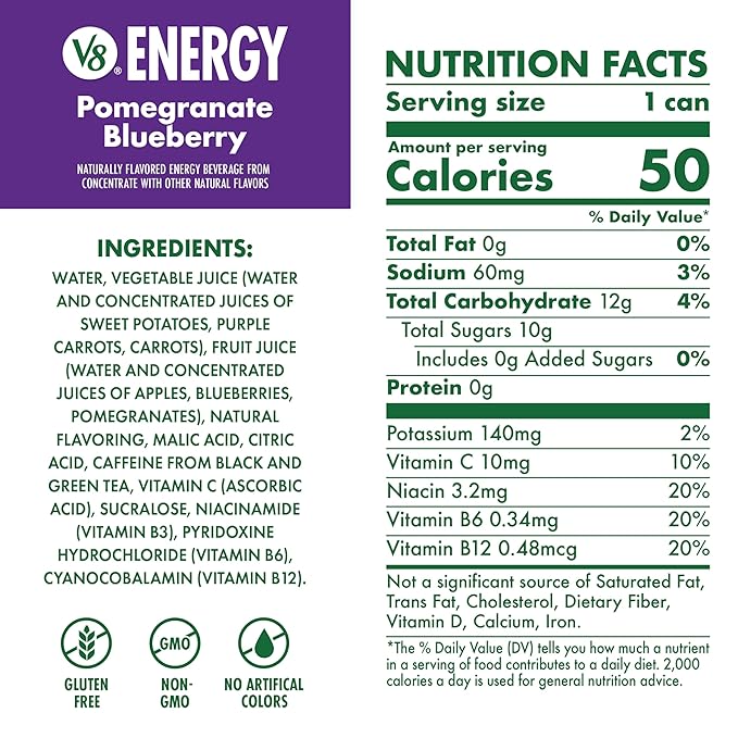 V8 Energy Pomegranate Blueberry Energy Drink, 8 fl oz Can (24 Pack)