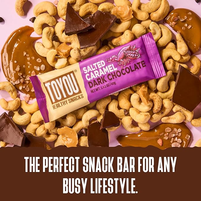 ToYou Chewy Fruit and Nut Bars - Healthy Protein Snacks | Salted Caramel Dark Chocolate - 1.41 Ounce (Pack of 12) | Soft Chewy, Fiber-packed Granola Bars for Adults and Kids, Made with Natural Ingredients